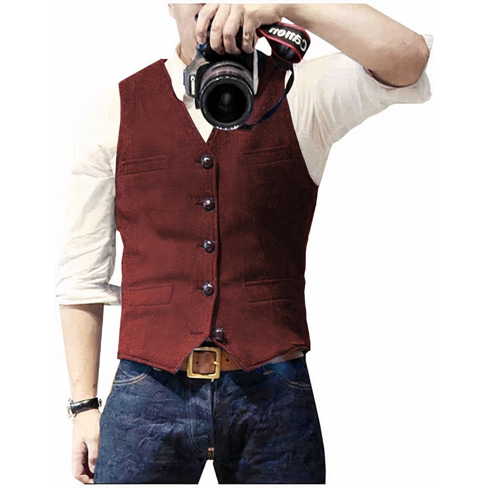 Men's Suit Vest Waistcoat Tweed with V-Neck Five Button Closure - Image 6