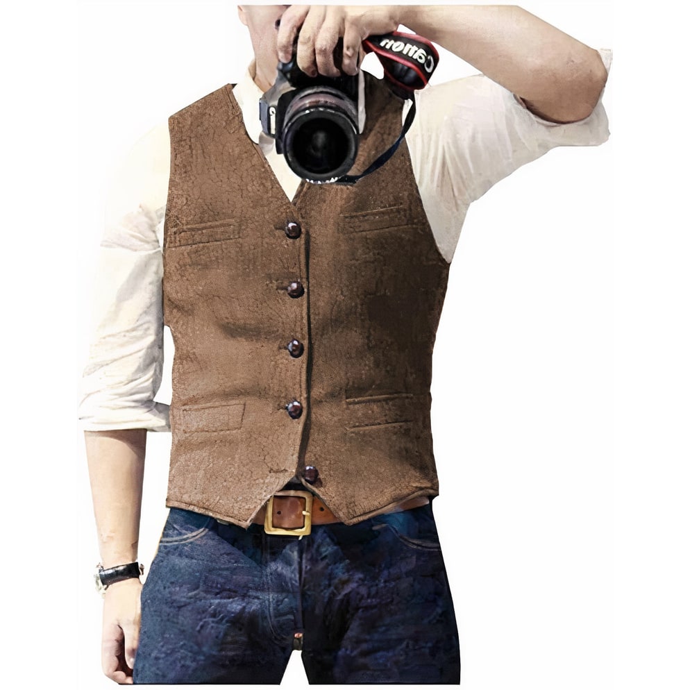 Men's Suit Vest Waistcoat Tweed with V-Neck Five Button Closure - Image 7