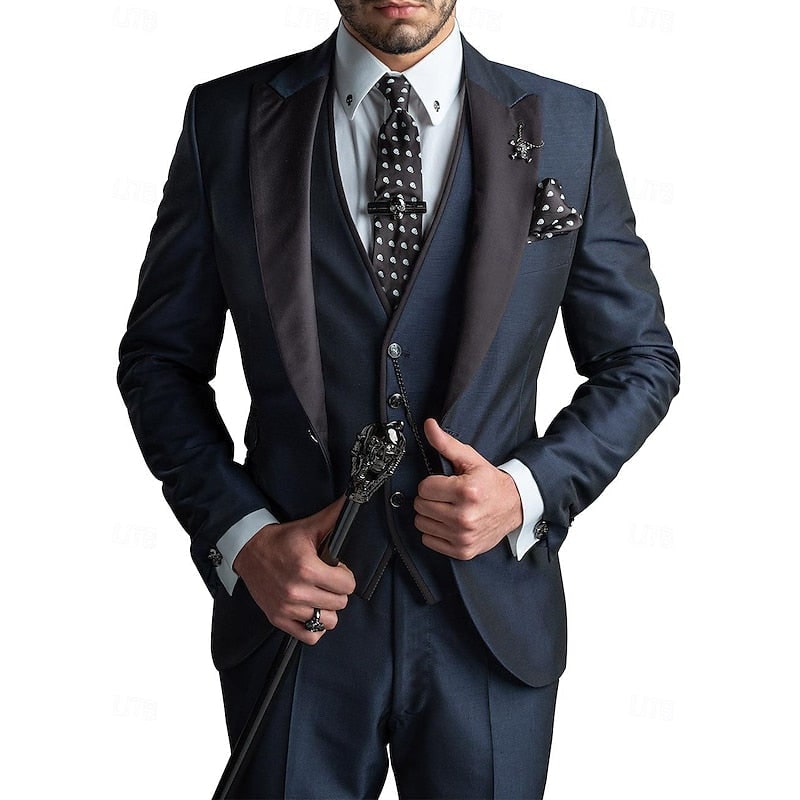 Men's Three Piece Suit with Slim Fit Contrast Peak Lapels and Tailored Waistcoat Navy Blue - Image 5