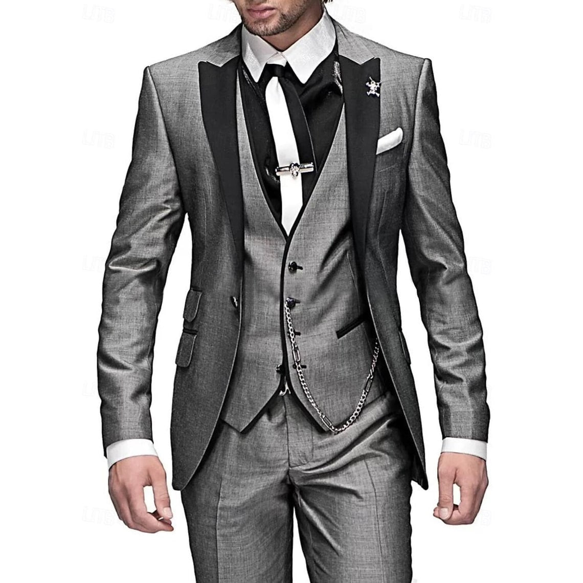 Men's Three Piece Suit with Slim Fit Contrast Peak Lapels and Tailored Waistcoat Navy Blue - Image 6