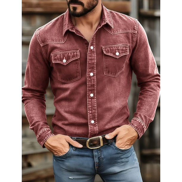 Men's Western Denim Shirt Long Sleeve with Snap Button Chest Pockets - Image 1