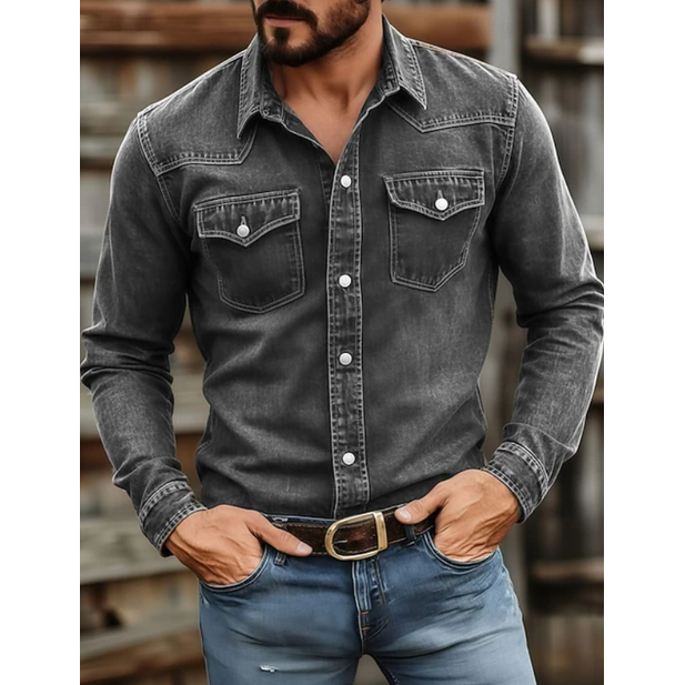 Men's Western Denim Shirt Long Sleeve with Snap Button Chest Pockets - Image 2