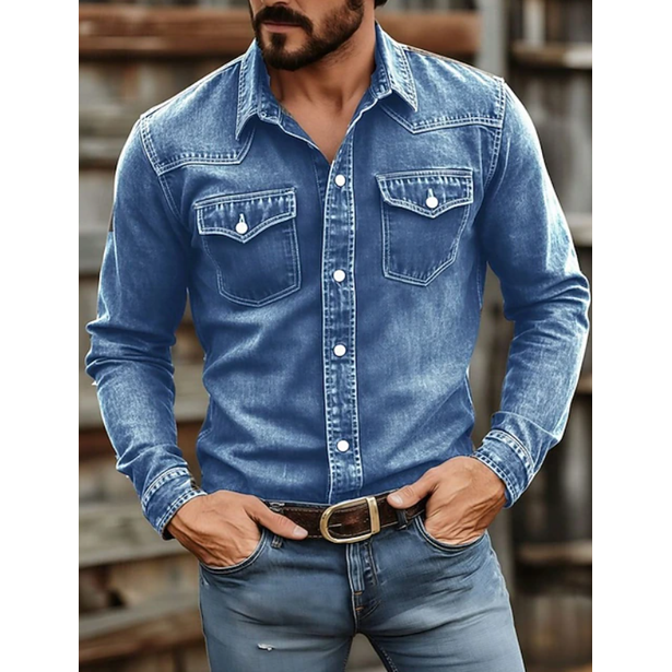 Men's Western Denim Shirt Long Sleeve with Snap Button Chest Pockets - Image 3