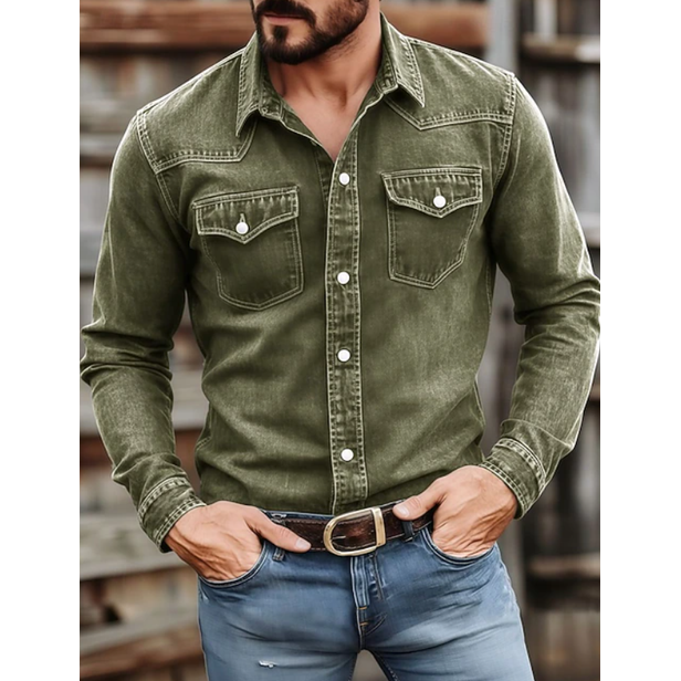 Men's Western Denim Shirt Long Sleeve with Snap Button Chest Pockets - Image 4