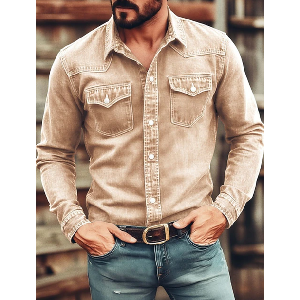 Men's Western Denim Shirt Long Sleeve with Snap Button Chest Pockets - Image 5