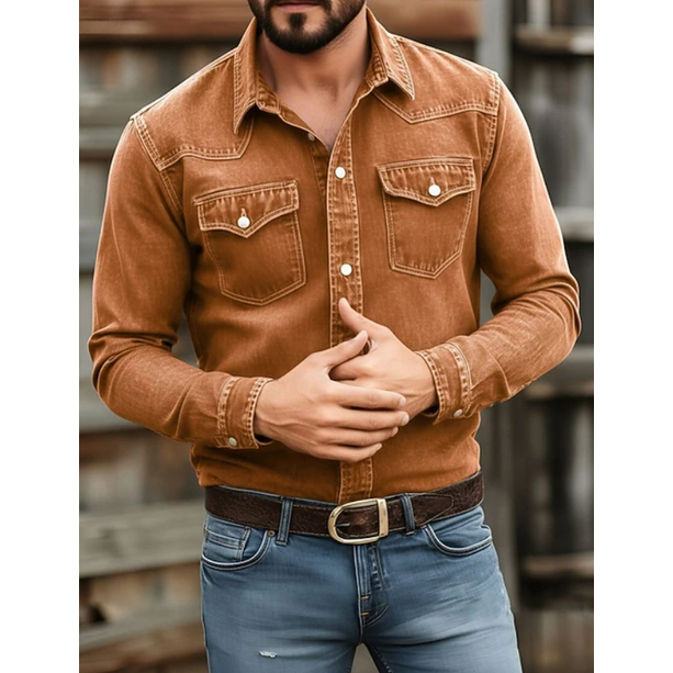 Men's Western Denim Shirt Long Sleeve with Snap Button Chest Pockets - Image 6