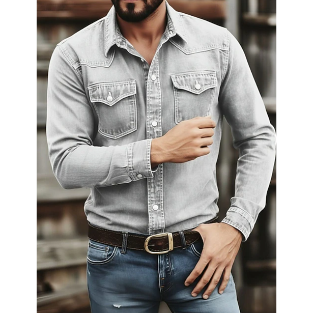 Men's Western Denim Shirt Long Sleeve with Snap Button Chest Pockets - Image 7