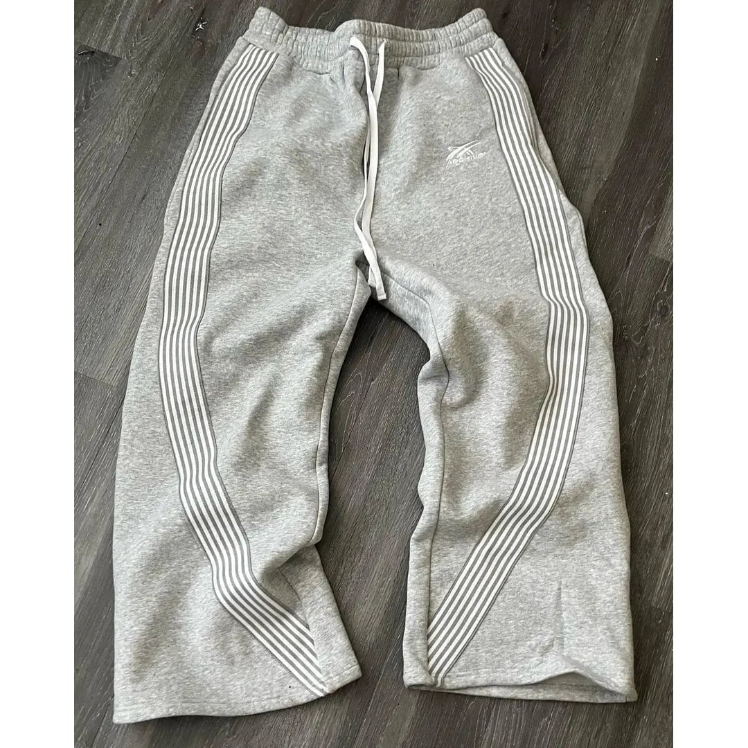 Men's Wide Leg Baggy Fleece Sweatpants with Side Stripes and Pockets - Image 1