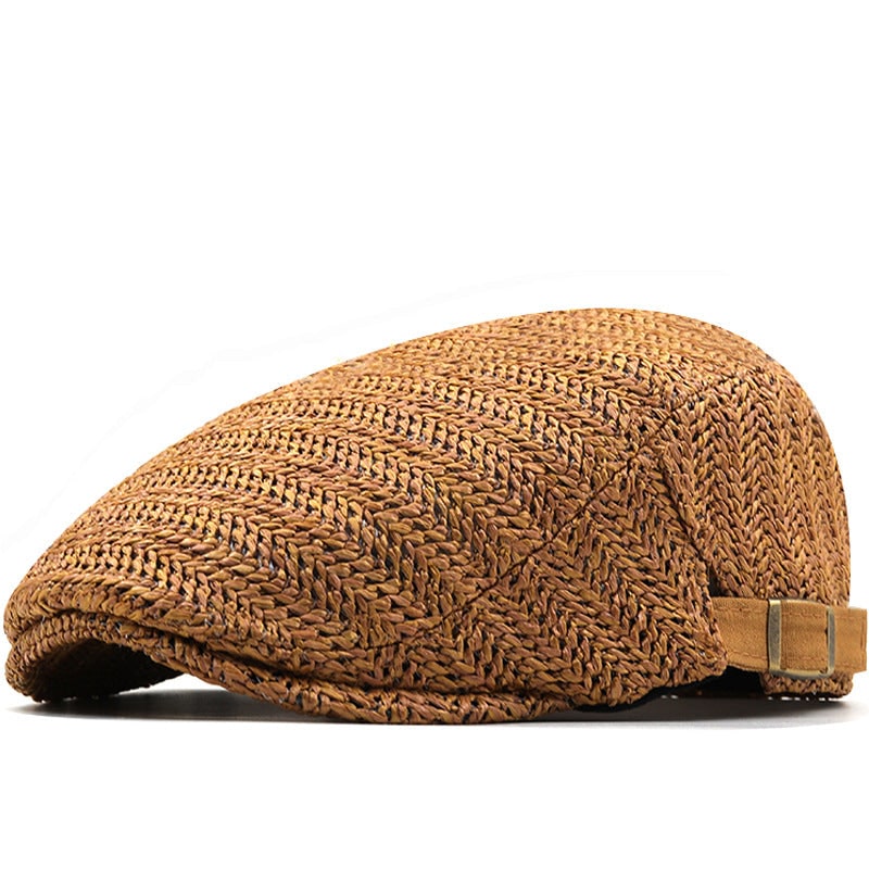Men's Woven Straw Flat Cap with Chevron Weave and Adjustable Buckle Strap - Image 1