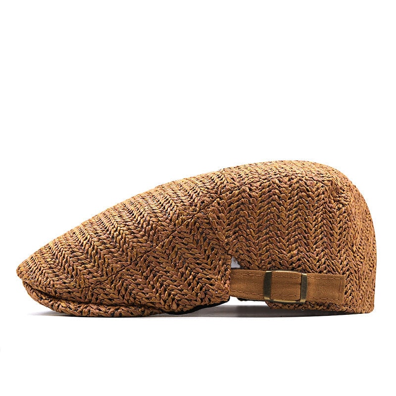 Men's Woven Straw Flat Cap with Chevron Weave and Adjustable Buckle Strap - Image 2