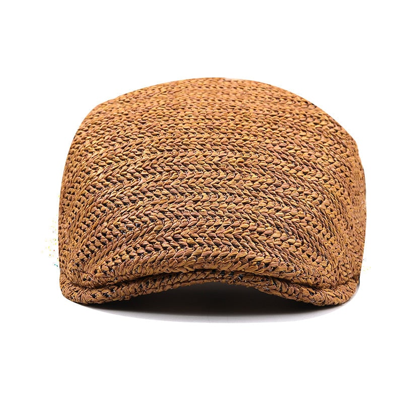 Men's Woven Straw Flat Cap with Chevron Weave and Adjustable Buckle Strap - Image 3