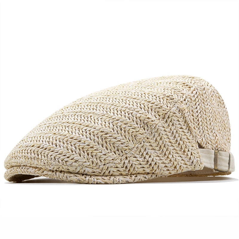 Men's Woven Straw Flat Cap with Chevron Weave and Adjustable Buckle Strap - Image 5