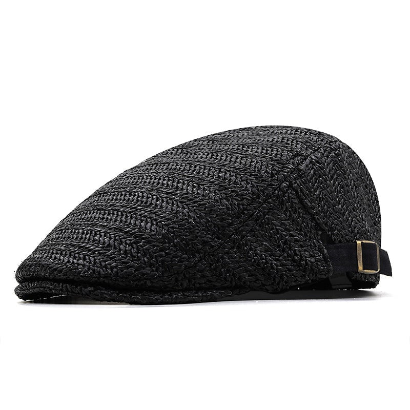 Men's Woven Straw Flat Cap with Chevron Weave and Adjustable Buckle Strap - Image 6