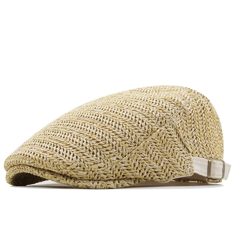 Men's Woven Straw Flat Cap with Chevron Weave and Adjustable Buckle Strap - Image 7