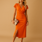 Mira Solane. – Women’s V-Neck Midi Dress with Elegant Front Slit