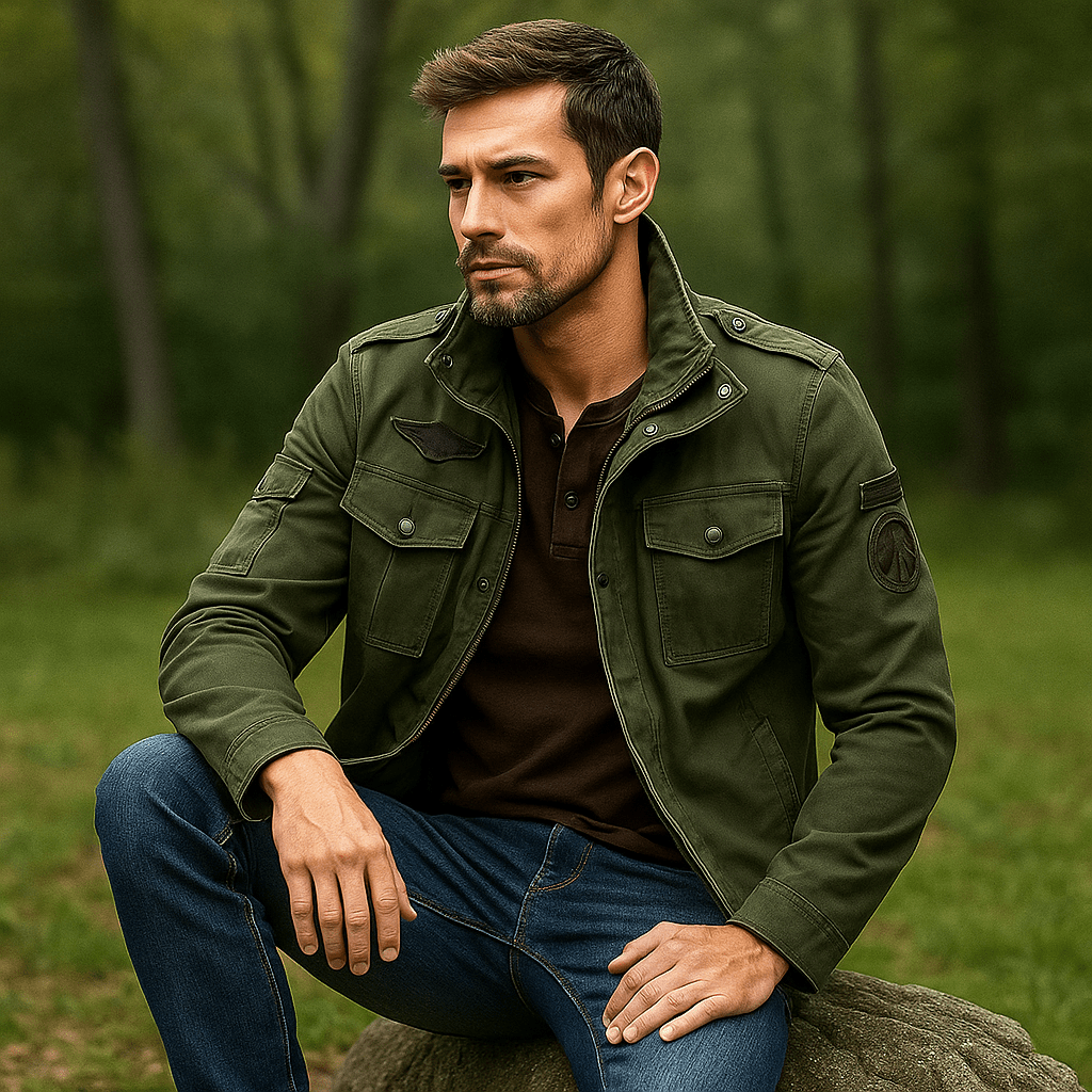 Men's Military-Inspired Jacket - Stand-Up Collar - Robust Construction