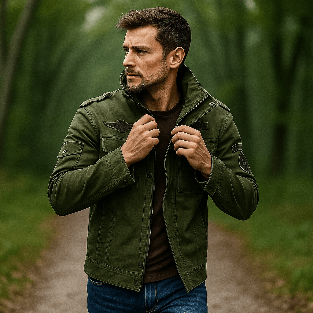 Men's Military-Inspired Jacket - Stand-Up Collar - Robust Construction