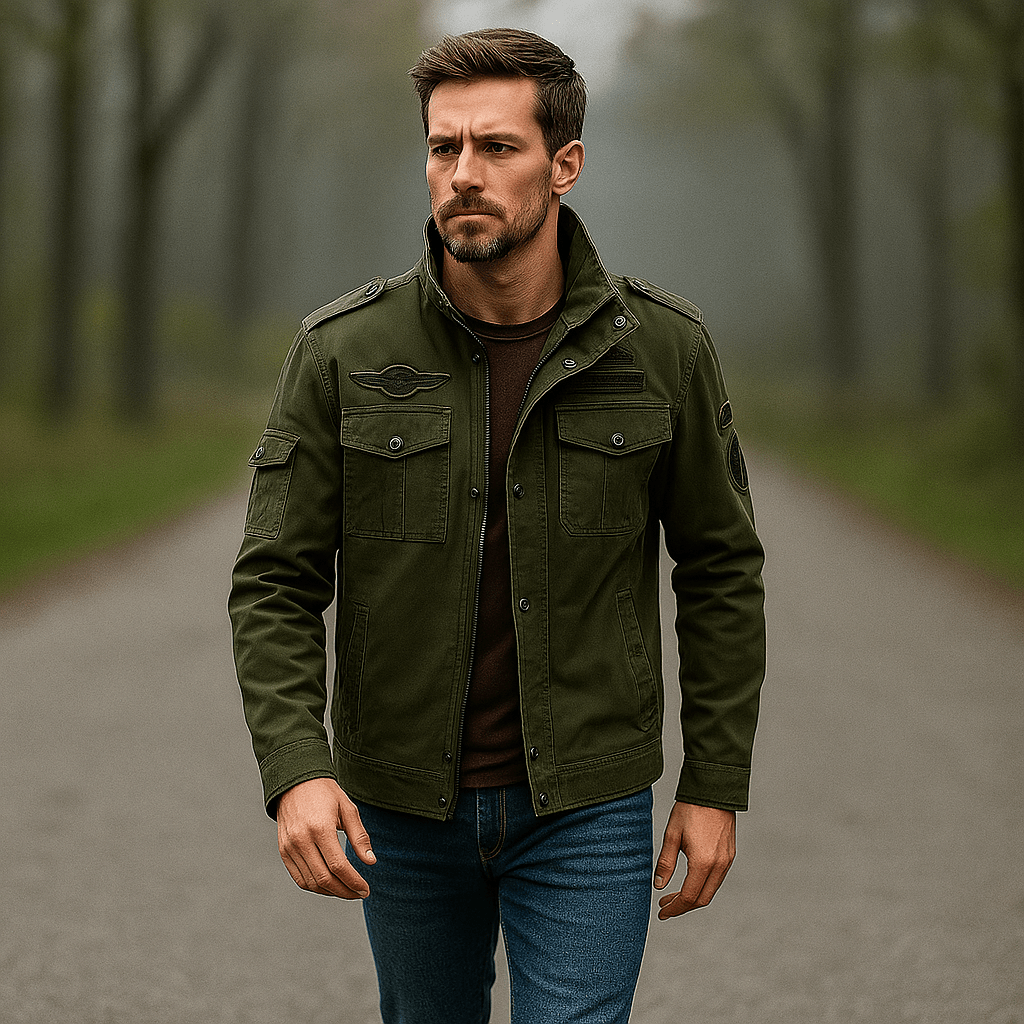 Men's Military-Inspired Jacket - Stand-Up Collar - Robust Construction