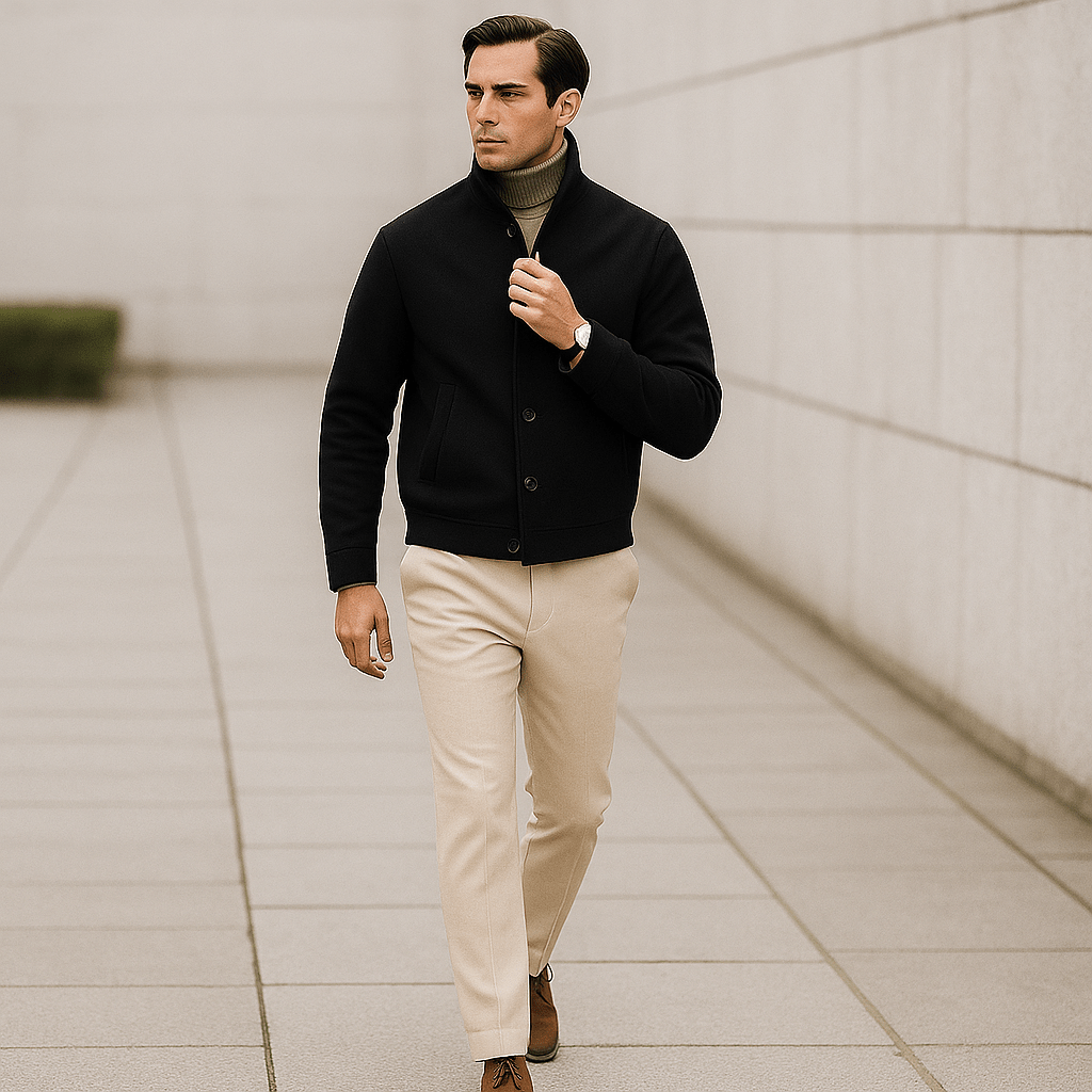 Men's Relaxed Fit Jacket - Soft Textured Fabric with High Collar and Button Closure