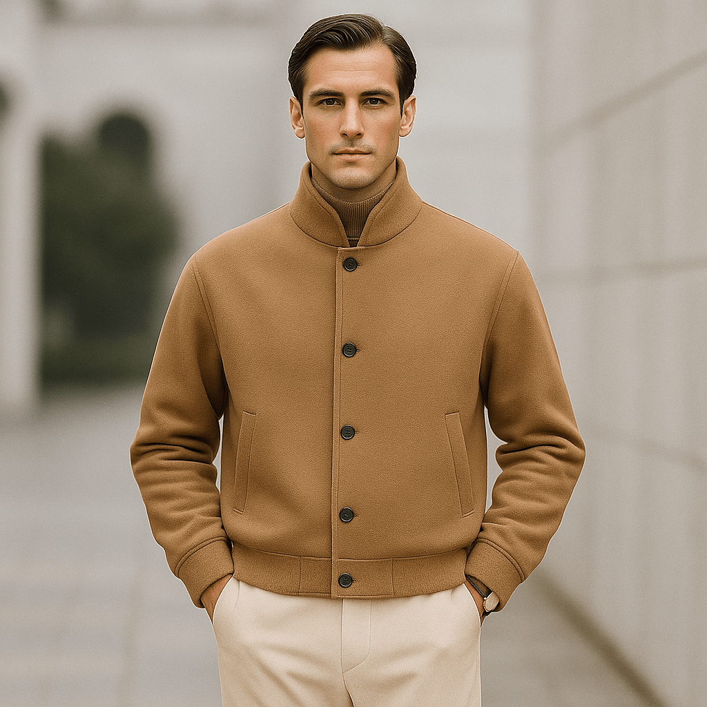 Men's Relaxed Fit Jacket - Soft Textured Fabric with High Collar and Button Closure