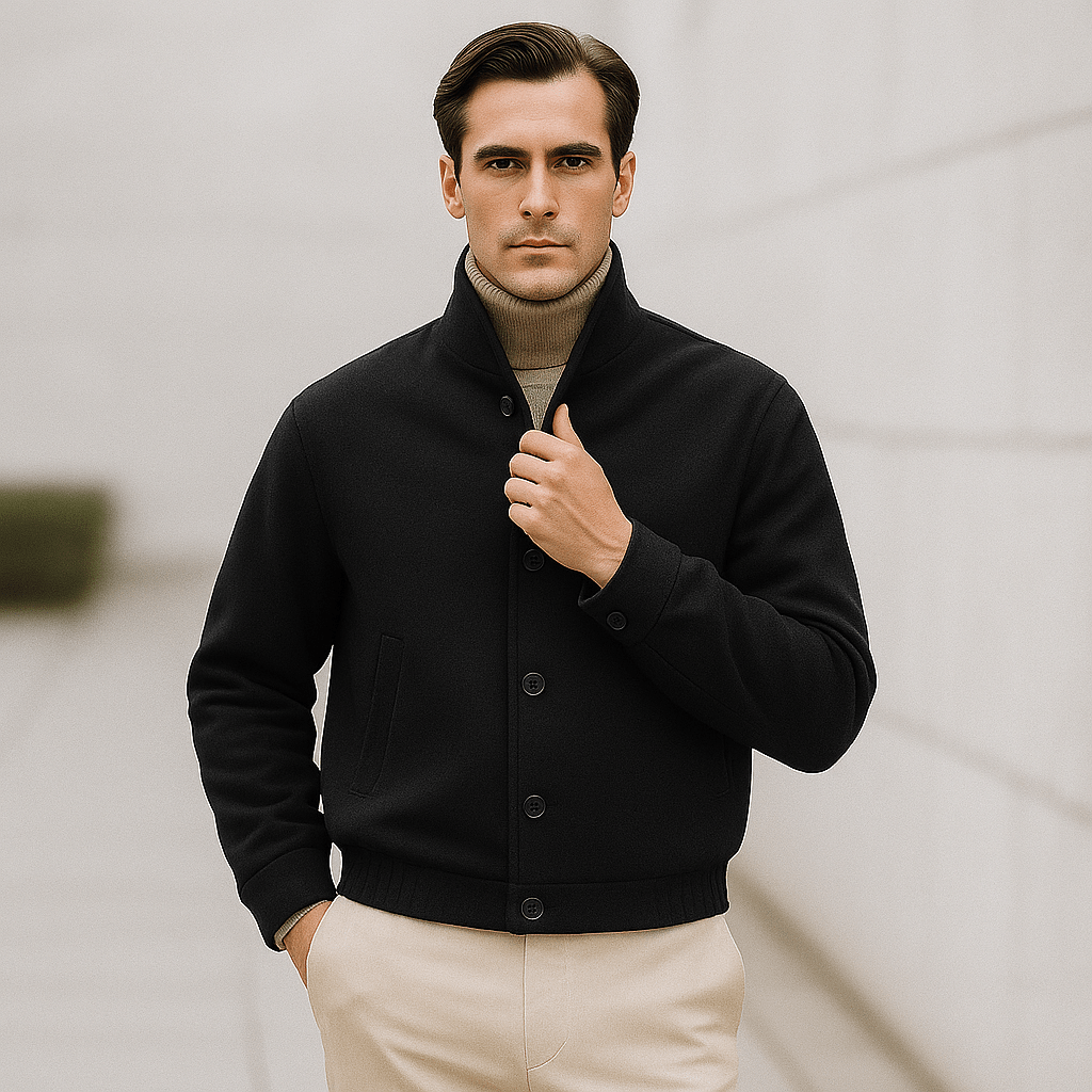 Men's Relaxed Fit Jacket - Soft Textured Fabric with High Collar and Button Closure