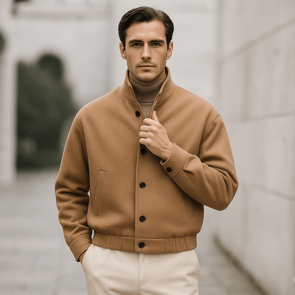 Men's Relaxed Fit Jacket - Soft Textured Fabric with High Collar and Button Closure