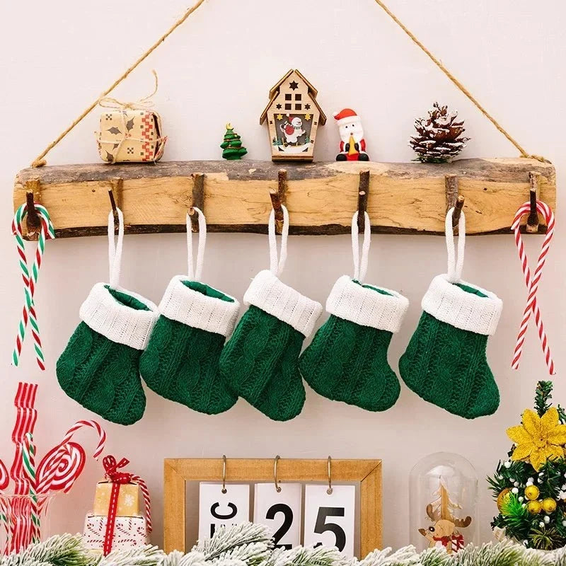 Mini Christmas Stockings Knitted Cable-Knit with White Cuff for Ornaments and Cutlery - Image 1