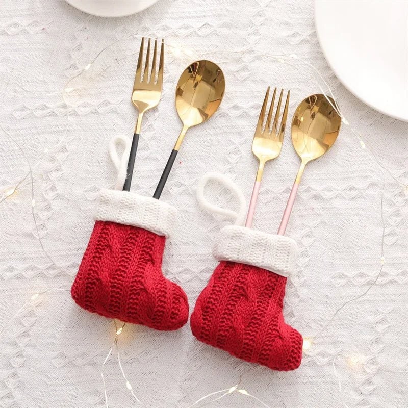 Mini Christmas Stockings Knitted Cable-Knit with White Cuff for Ornaments and Cutlery - Image 2