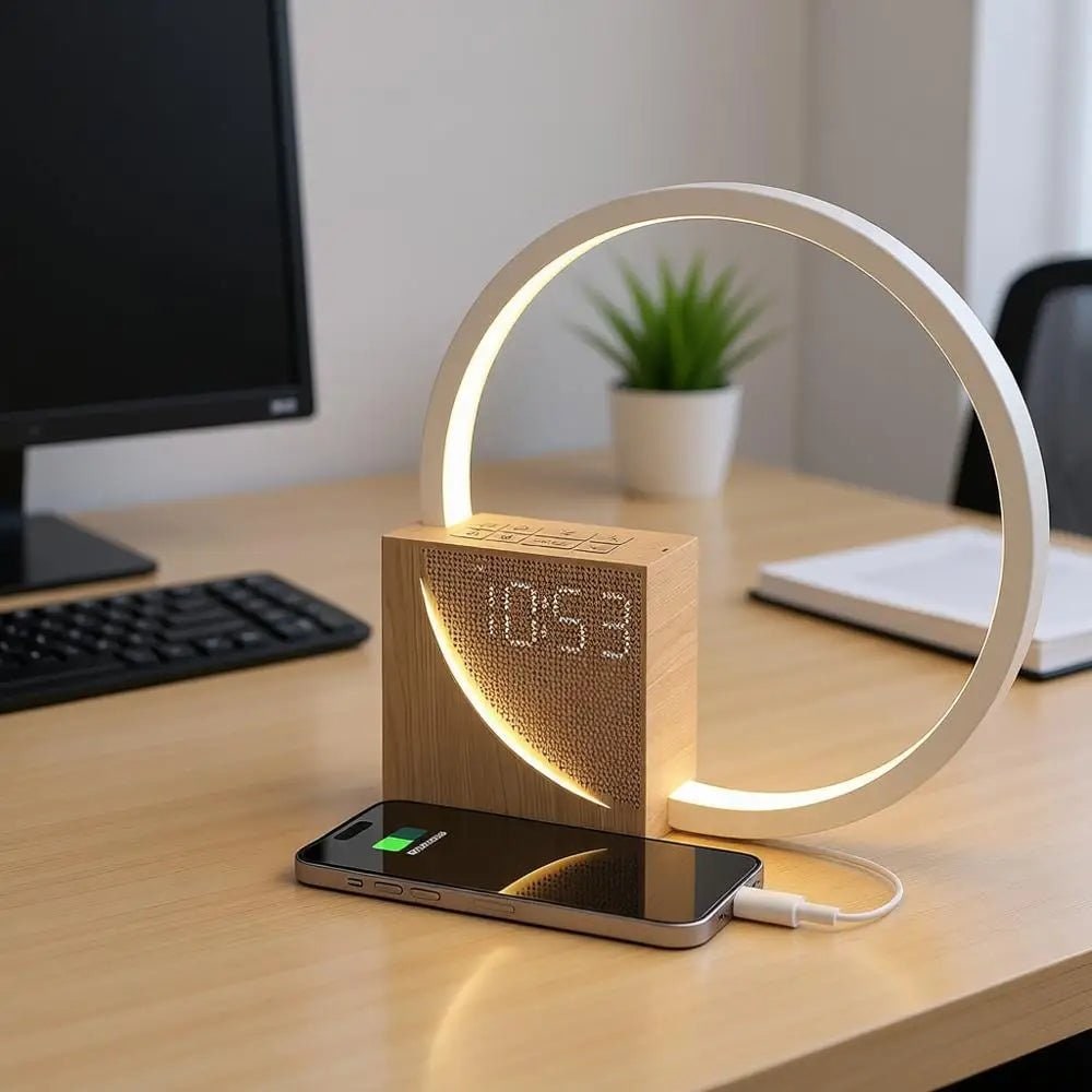 Modern Alarm Clock Lamp LED Light Bedside Digital Wood USB For Bedroom - Image 3