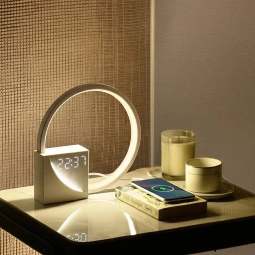 Modern Alarm Clock Lamp LED Light Bedside Digital Wood USB For Bedroom - Image 4
