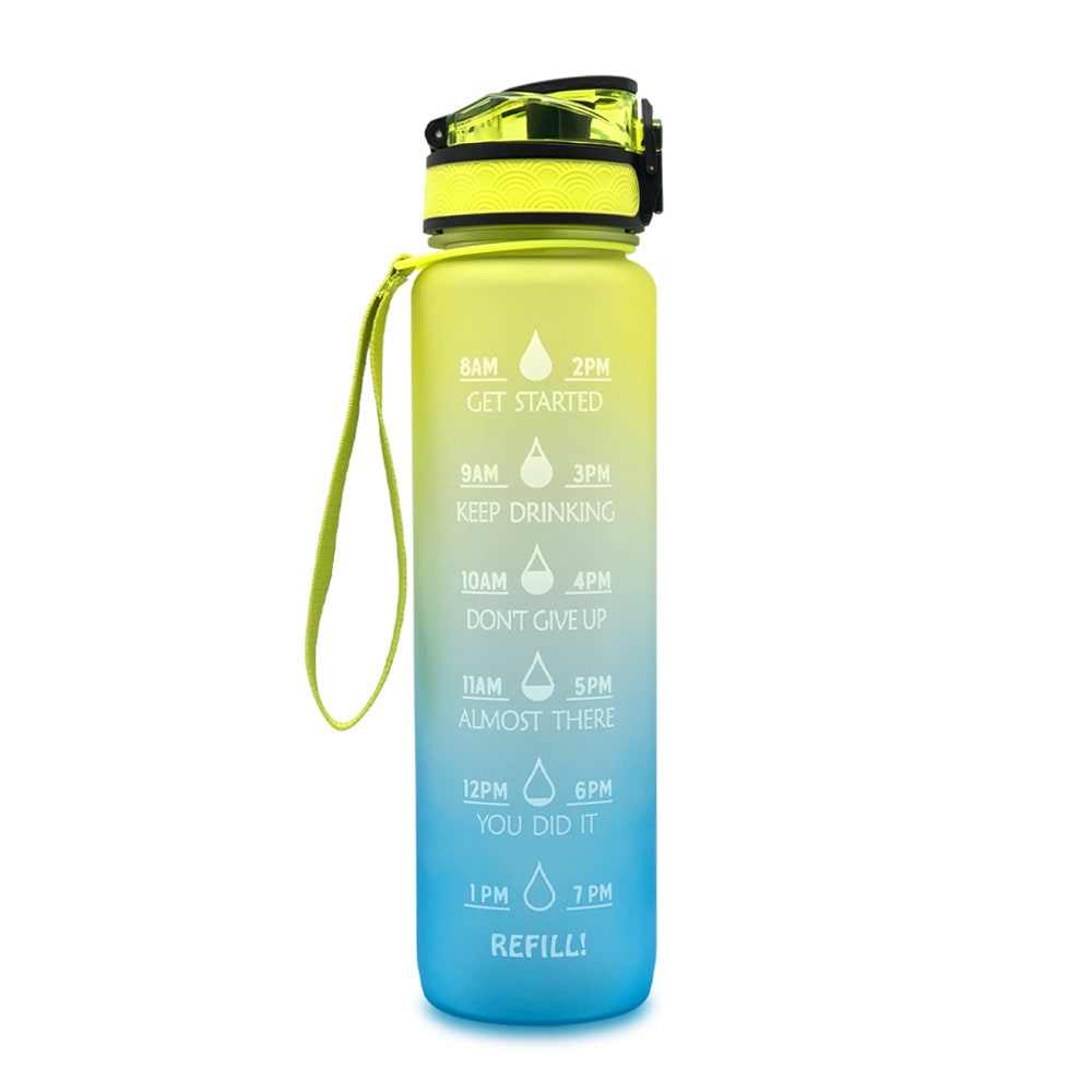 Motivational Sports Water Bottle with Time Markers 32 Oz Flip-Top Lid and Fruit Infuser - Image 1