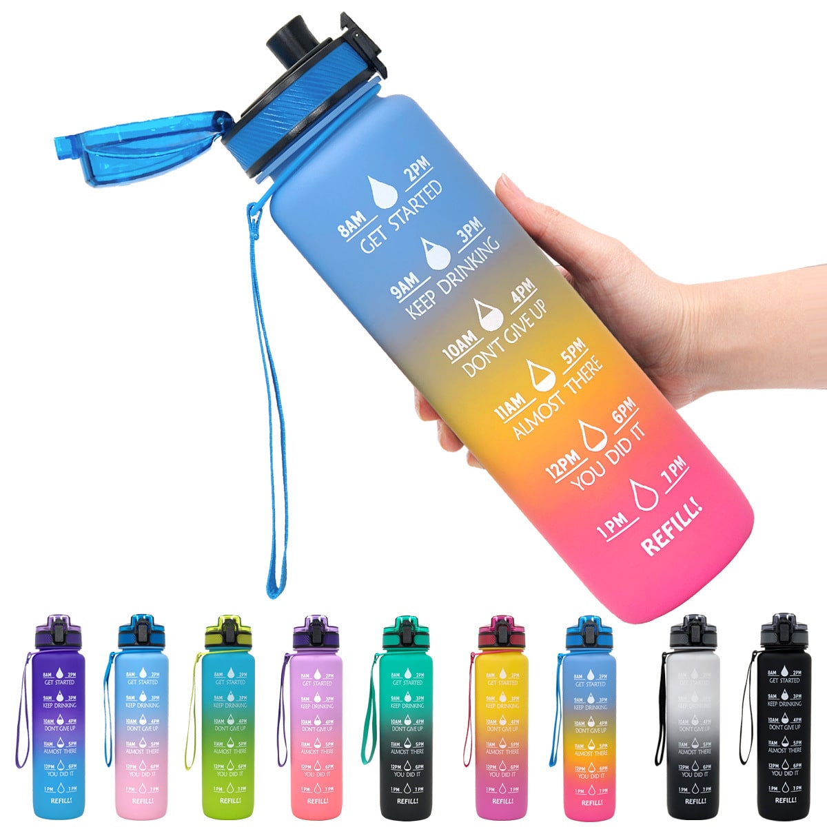 Motivational Sports Water Bottle with Time Markers 32 Oz Flip-Top Lid and Fruit Infuser - Image 38