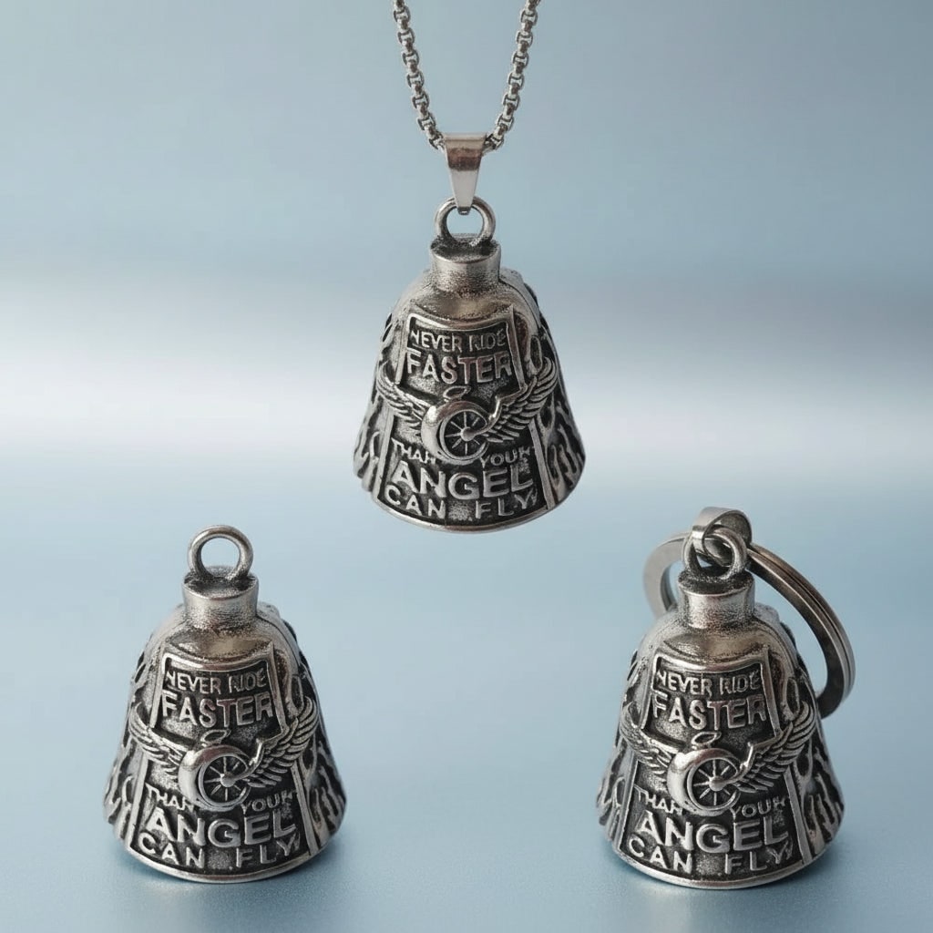 Motorcycle Guardian Bell Pendant with Chain Biker Angel Charm Vintage Cast Metal - Image 1