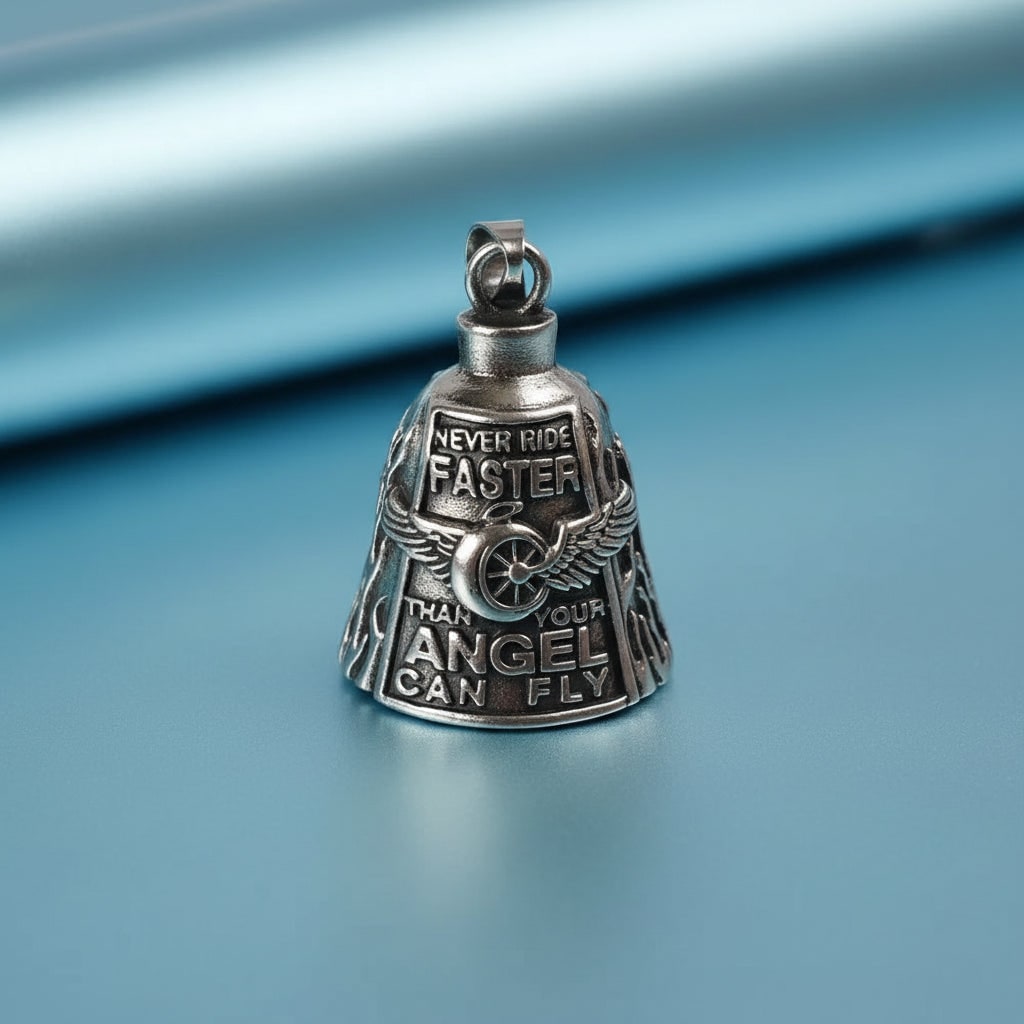 Motorcycle Guardian Bell Pendant with Chain Biker Angel Charm Vintage Cast Metal - Image 3