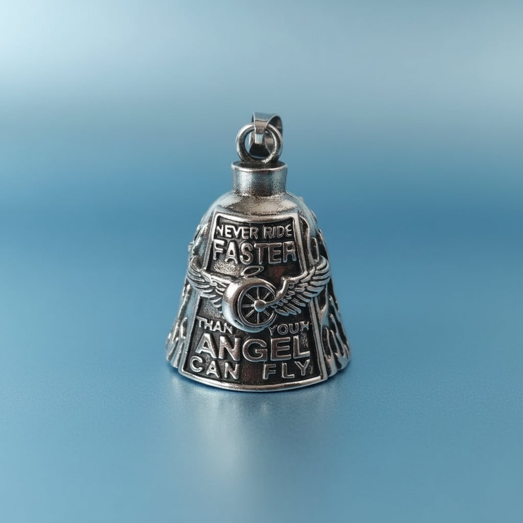 Motorcycle Guardian Bell Pendant with Chain Biker Angel Charm Vintage Cast Metal - Image 4