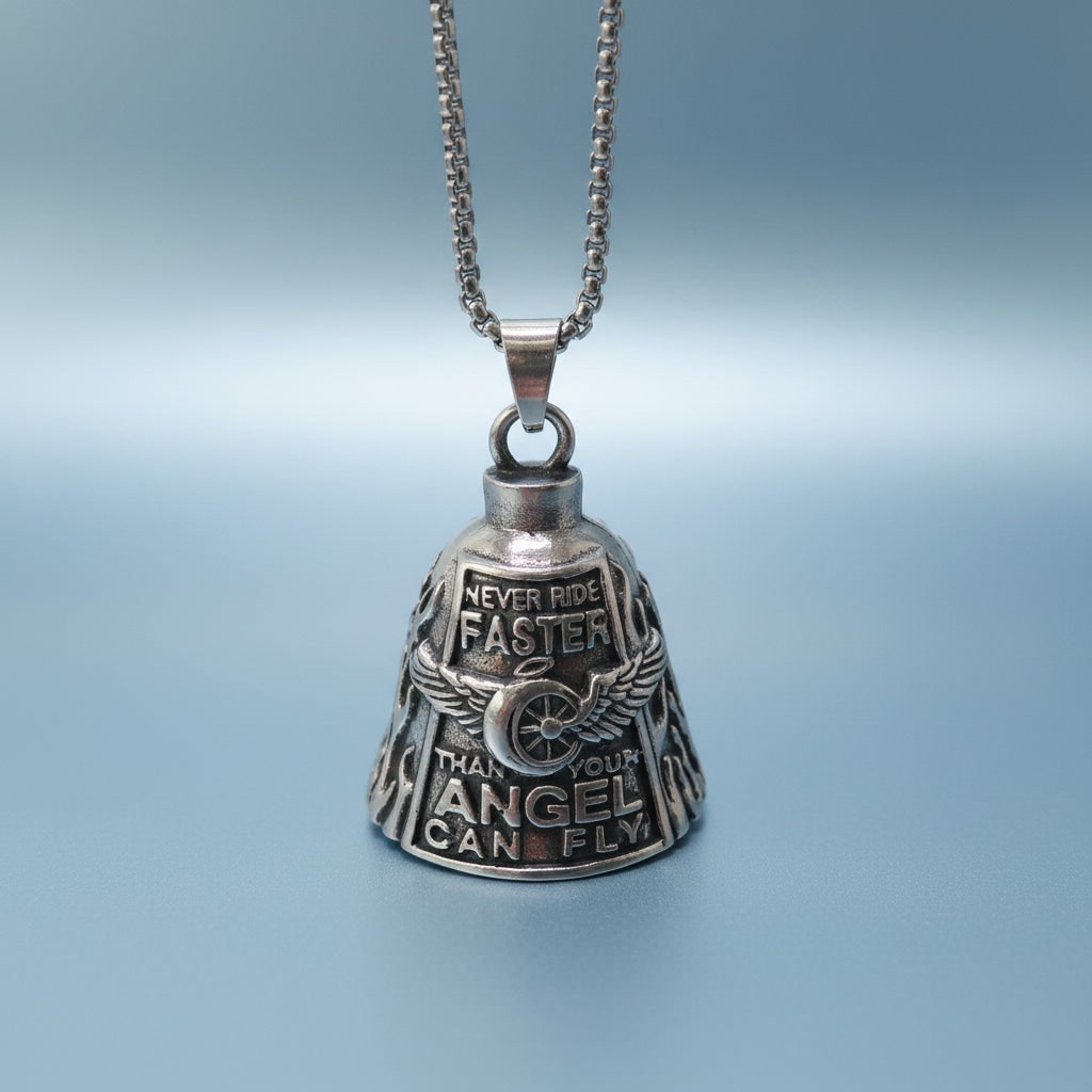 Motorcycle Guardian Bell Pendant with Chain Biker Angel Charm Vintage Cast Metal - Image 5