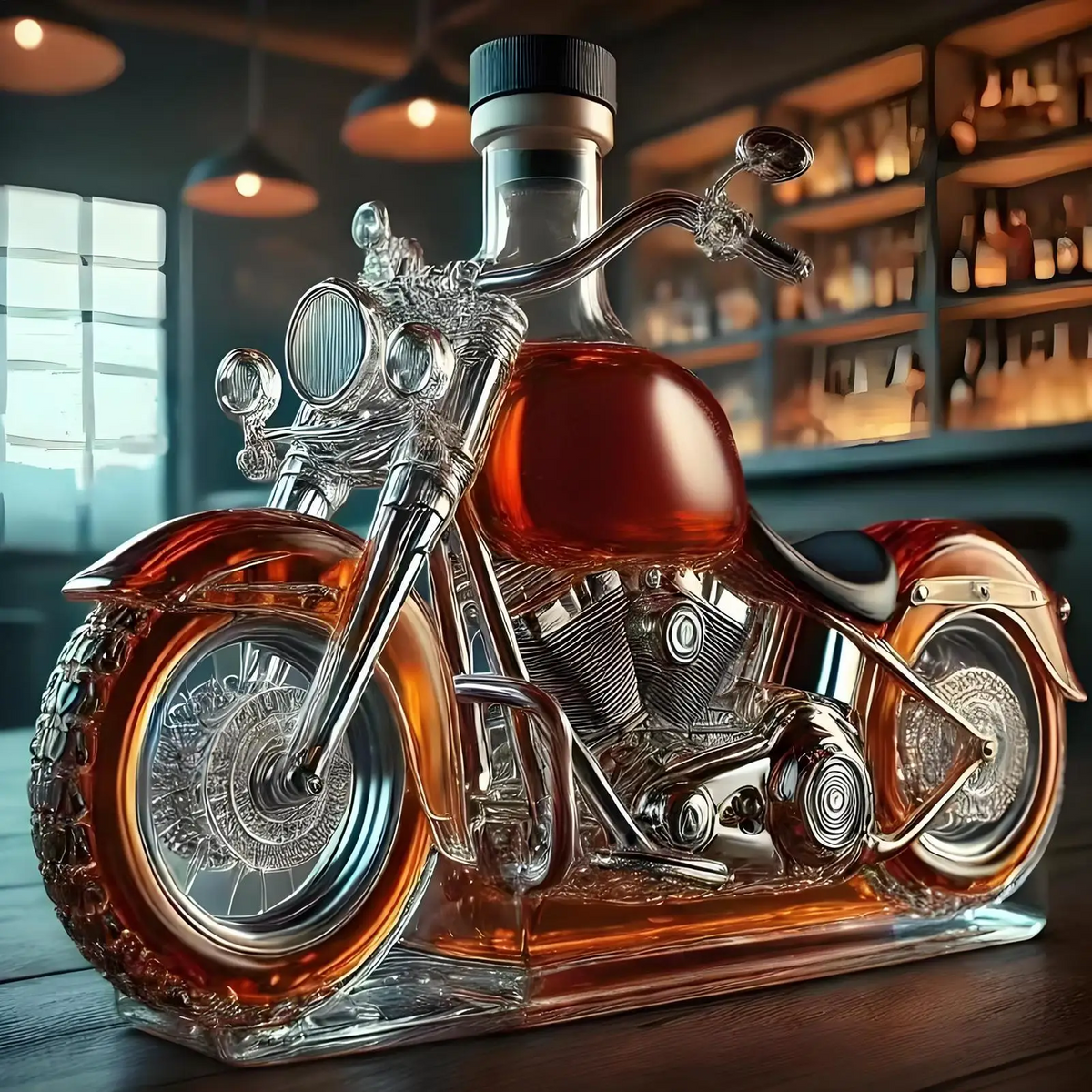 Motorcycle Whiskey Decanter with Alcohol Set Glass Cruiser Design with Silver Accents - Image 1
