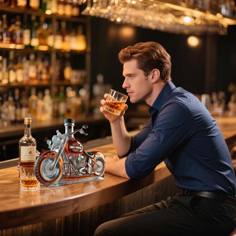 Motorcycle Whiskey Decanter with Alcohol Set Glass Cruiser Design with Silver Accents - Image 3