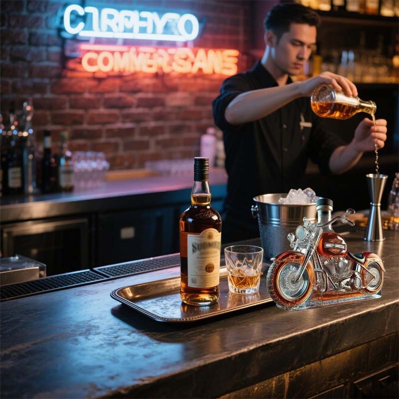 Motorcycle Whiskey Decanter with Alcohol Set Glass Cruiser Design with Silver Accents - Image 5