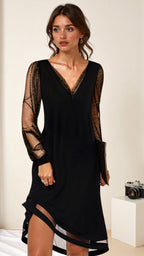 Mesh Sleeve Evening Gown with Asymmetrical Hem