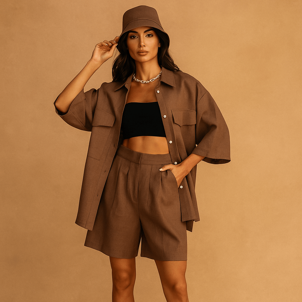 Relaxed Fit Women's Linen Top and Shorts Set with Handy Pockets