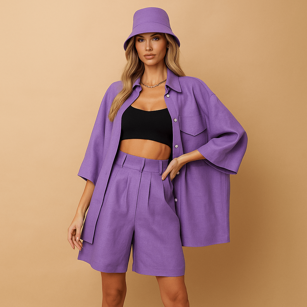 Relaxed Fit Women's Linen Top and Shorts Set with Handy Pockets