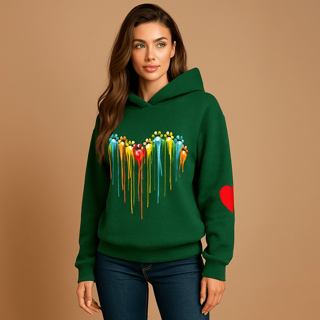 Heart Print Women's Hoodie - Relaxed Fit with Long Sleeves