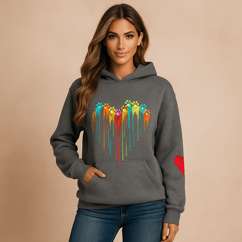 Heart Print Women's Hoodie - Relaxed Fit with Long Sleeves