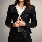 Fitted Women's Leather Biker Jacket with Studded Collar and Cuffs - Zip Accents