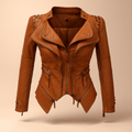 Fitted Women's Leather Biker Jacket with Studded Collar and Cuffs - Zip Accents