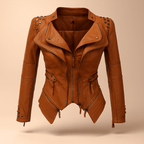 Fitted Women's Leather Biker Jacket with Studded Collar and Cuffs - Zip Accents