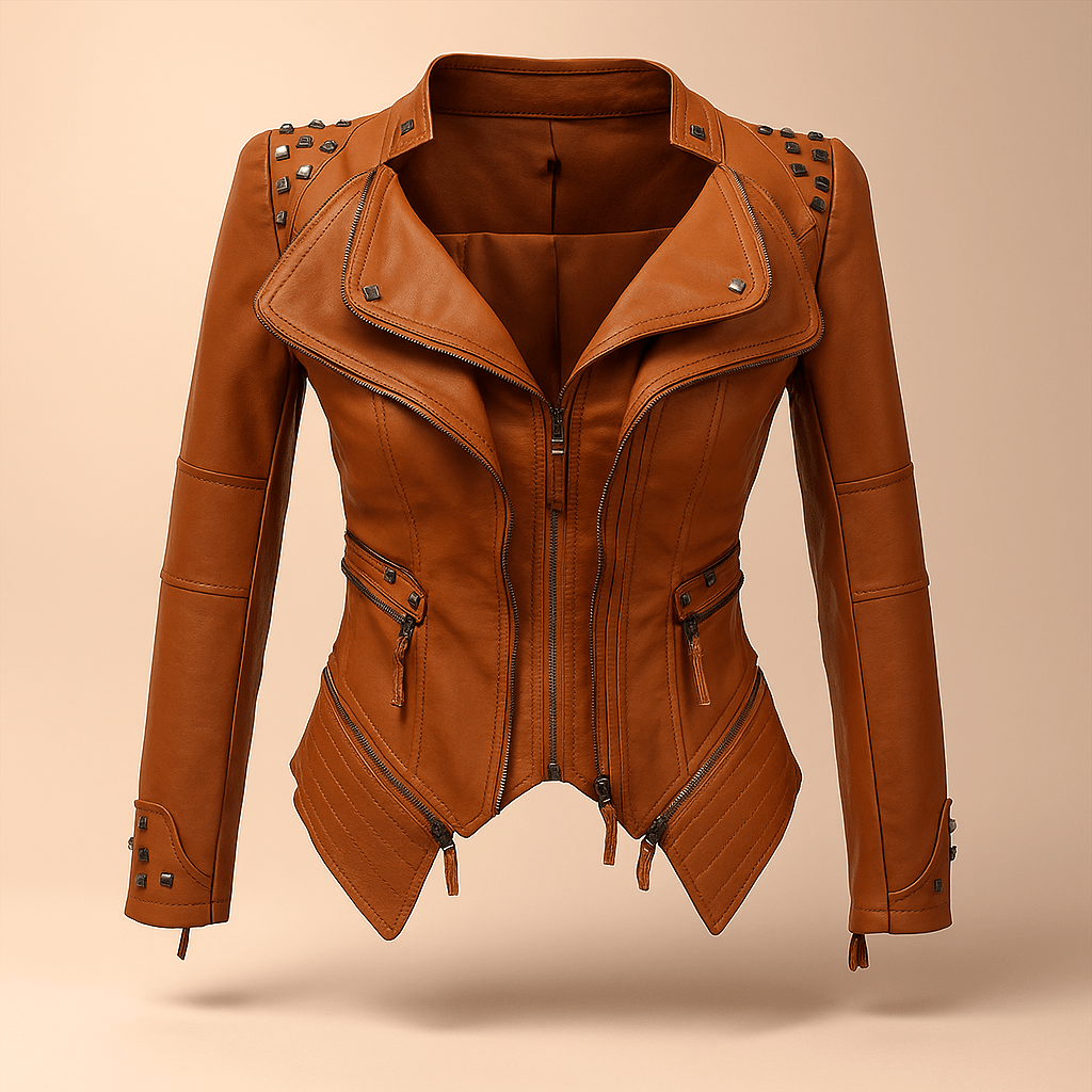 Fitted Women's Leather Biker Jacket with Studded Collar and Cuffs - Zip Accents