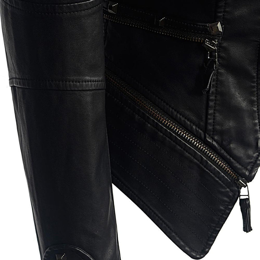 Fitted Women's Leather Biker Jacket with Studded Collar and Cuffs - Zip Accents
