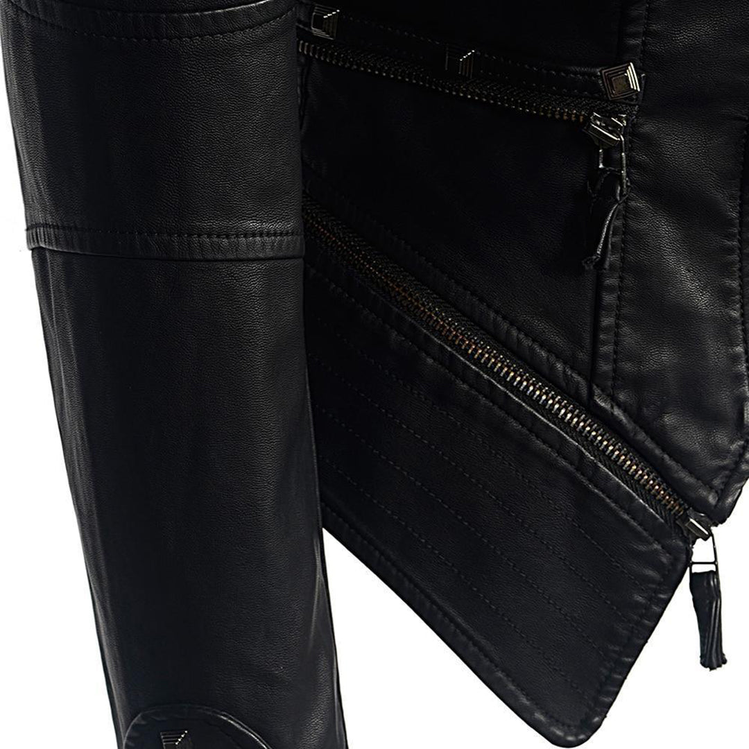 Fitted Women's Leather Biker Jacket with Studded Collar and Cuffs - Zip Accents